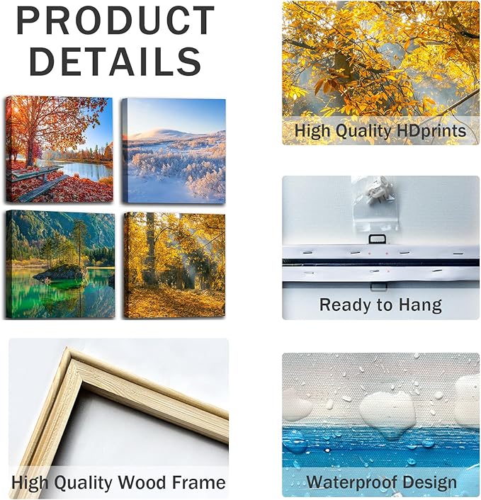 OKEXCKK Four Seasons Landscape Canvas Wall Art Decor - Spring Summer Autumn Winter Colorful Tree Painting Modern Nature Forest Prints Artwork Picture for Bathroom Office Decoration 16"x16"x4 Panels
