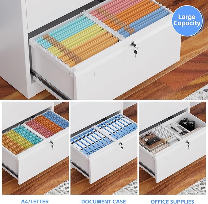 Lateral File Cabinet 3 Drawer,Metal Filing Cabinet with Locks and Business Card Slot for Home Office Hanging Letter/Legal Size Folders,Required Assembly,White