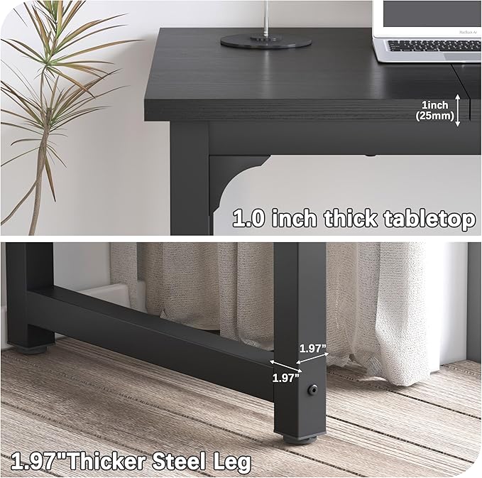 NSdirect 63 inch Computer Desk,Modern Simple Style PC Table Office Desk Wide Workstation for Study Writing,Gaming and Home Office,Extra 1" Thicker Wooden Tabletop and Black Metal Frame,Black