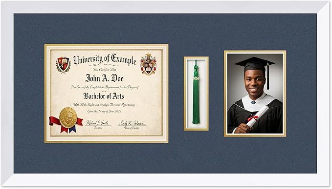 CountryArtHouse Diploma Tassel and Photo Shadowbox Fits 10 x 8 Professional License with Tassel Hook a Bright White Genuine Hardwood with Navy Blue Over Metallic Gold Double mat