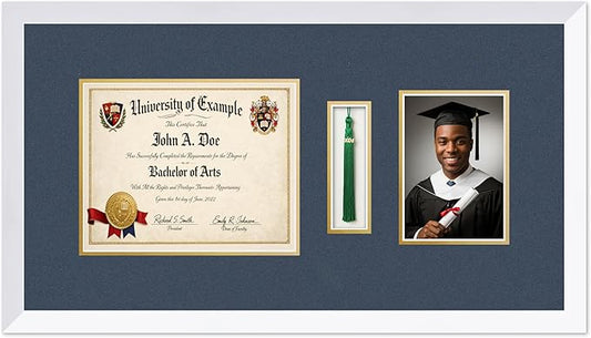 CountryArtHouse Diploma Tassel and Photo Shadowbox Fits 10 x 8 Professional License with Tassel Hook a Bright White Genuine Hardwood with Navy Blue Over Metallic Gold Double mat
