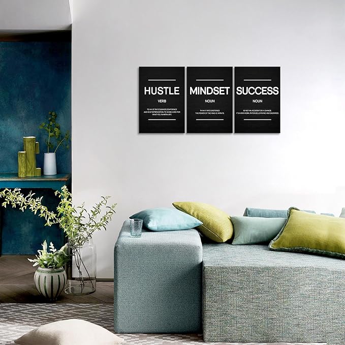 Hustle Wall Art Motivational Wall Decor Inspirational Mindset Quotes Pictures Posters 3 Pieces Framed Canvas Wall Art Prints Success Goal Artwork Home Office Wall Decor Ready to Hang