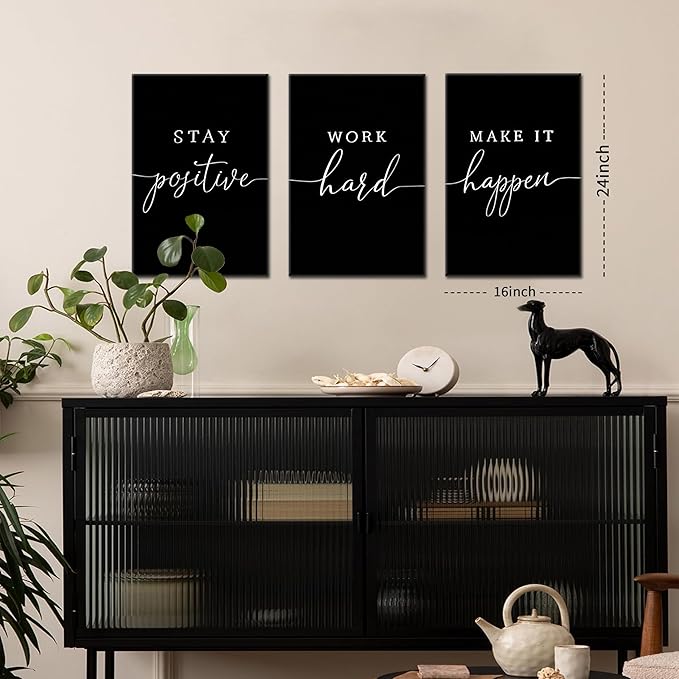 Motivational Office Wall Art Canvas Prints Set of 3 – Stay Positive Work Hard Make It Happen, Modern Positive Quotes Wall Decor for Home Office Living Room Bedroom Decor 16x24 inch Framed