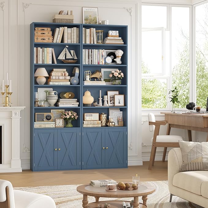 FACBOTALL 82" Tall Bookcase and Book Shelf, 24" Wide Bookshelf with Doors, 7 Tier Bookcase with Storage and Adjustable Shelf, Open and Display Farmhouse Bookshelf for Living Room, Home Office, Blue