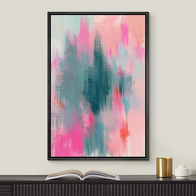 MUDECOR Framed Canvas Print Wall Art Neon Pink Blue Watercolor Collage Abstract Shape Illustrations Modern Art Decorative Bohemian Colorful Chic for Living Room, Bedroom, Office - 24"x36" Black