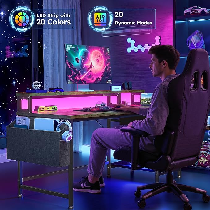 48" Computer Desk with LED Strip, Gaming Desk with Drawers & Storage Bag, Office Desk with Power Outlets & Monitor Stand, Home Office Desks for Bedroom, Gaming Room, Rustic Brown