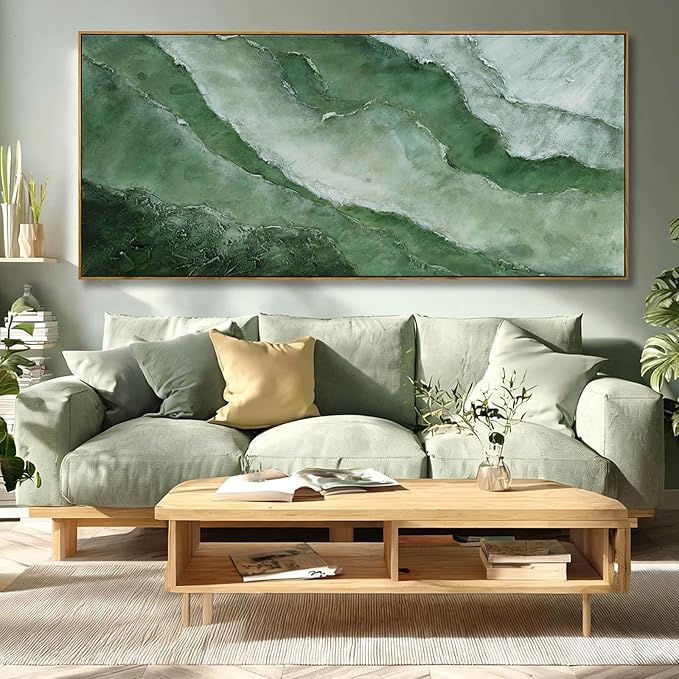 Large Canvas Wall Art 32x70 Inch, Green Landscape Style Framed Canvas Wall Art, Modern Horizontal Printed Wall Art with Wooden Frame for Living Room Decor