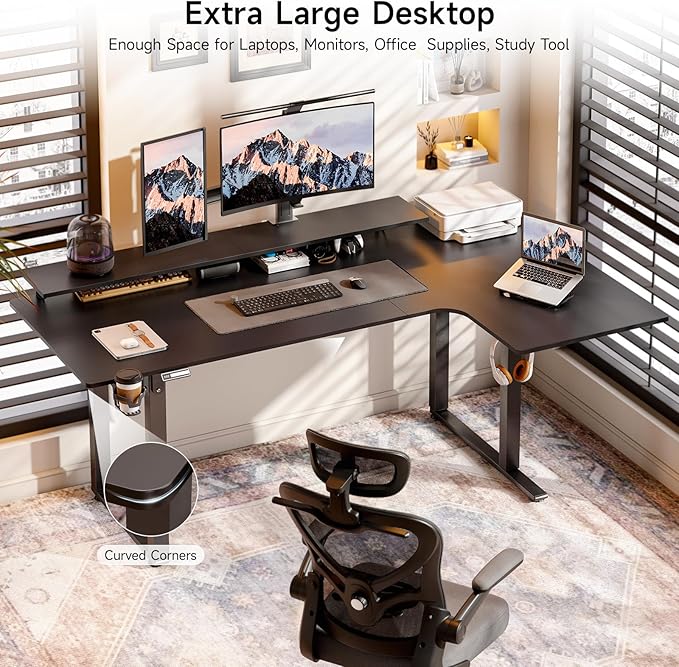 L Shaped Electric Standing Desk, 71x43'' Computer Desks with 2 Monitor Shelves, Dual Motor and Memory Controller, Gaming Corner Desk Adjustable Height from 28-46'' for Home Office Workstation, Black