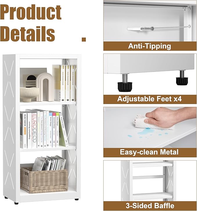 3 Tier Bookshelf, 34"Tall Metal Bookcase with Adjustable Shelves, Modern Display Book Shelf, White Bookcase Shelf, Utility Shelf, Storage Shelves for Office, Living Room, Kitchen, Study-16"W