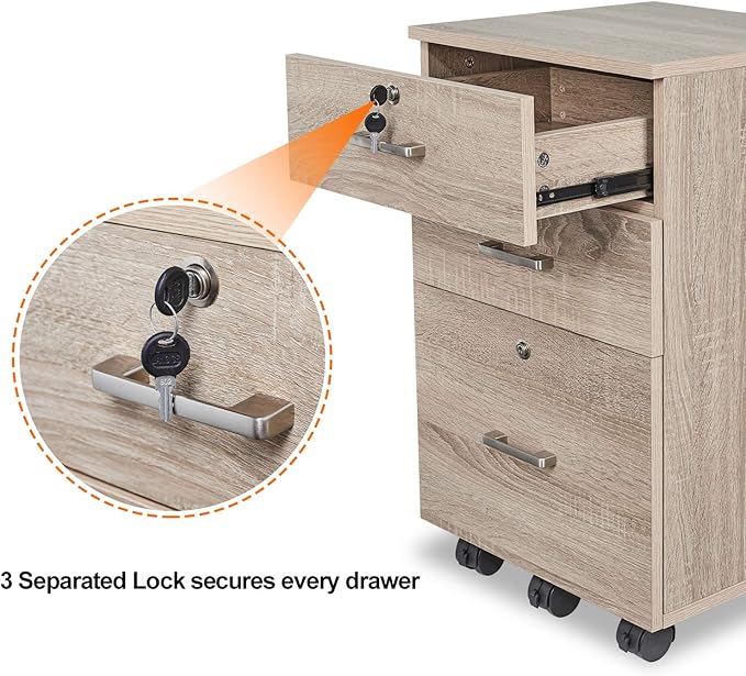 Bonnlo 26"H 3 Drawer File Cabinet with Lock, Rolling File Cabinet Under Desk, Mobile File Cabinets for Home Office, Wood File Cabinet Printer Stand for Letter Size File Folders, Assembly Required, Oak
