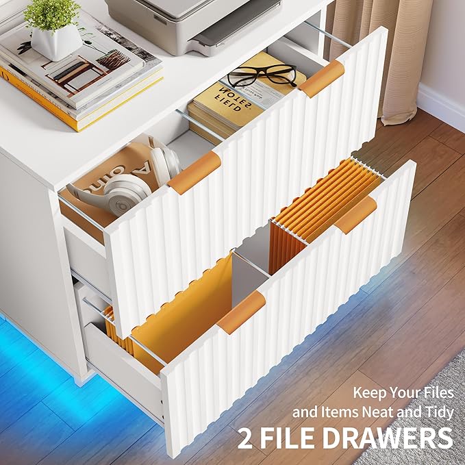 DWVO 2 Drawers File Cabinet with Led Light, Filing Cabinet Large Lateral File Cabinets for Home Office, White