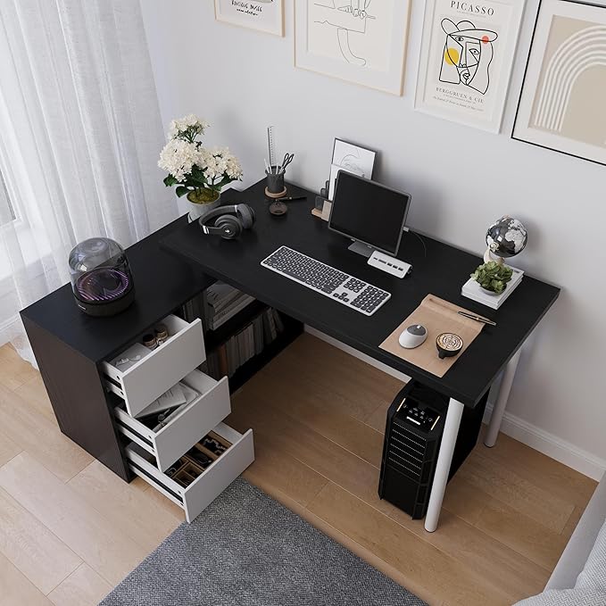 L Shape Computer Desk with 3 Drawers and 2 Shelves, Home Office Desk Corner Small Desk with Storage Cabinet for Writing Study Executive – Black and White