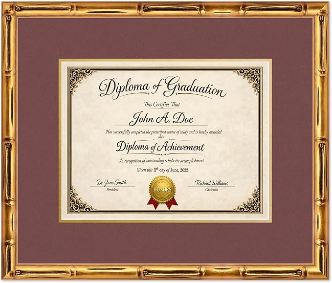 Diploma Frame Gold Bamboo with Dark Red Over Gold Double Mat - Fits 13 x 10 College Diploma (Traditional) Wall Display Made in the USA