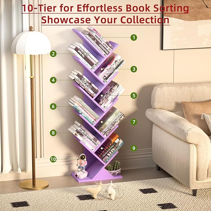 10 Tier Tree Book Shelf, Floor Standing Wood Bookshelf for Narrow Space, Storage Organizer Bookshelves for Books/CDs/Magazine, Bookcase with Shelves for Home Office, Living Room-Dream Purple