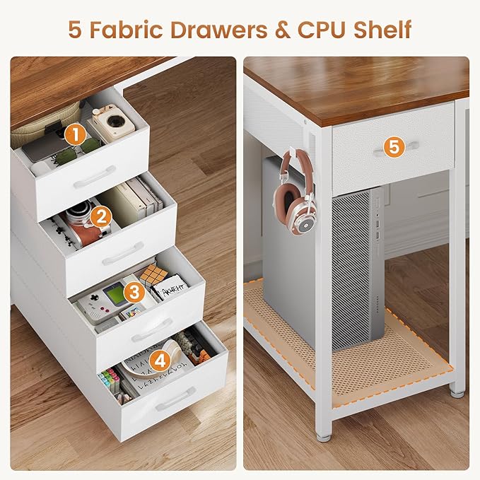 57" L Shaped Desk with 5 Drawers, Reversible Computer Corner Desk with Storage & Power Strip for Home Office, 78.7" Long 2 Person Desk, Brown+White