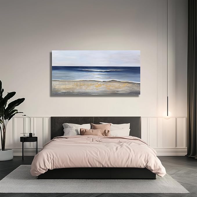 Yuaxker Ocean Wall Art Blue and Gold Modern Minimalist Wall Decor Sea Wave and Beaches Canvas Painting for Living Room Bedroom Dinning Room Home Office Home Decor 24x48 inch