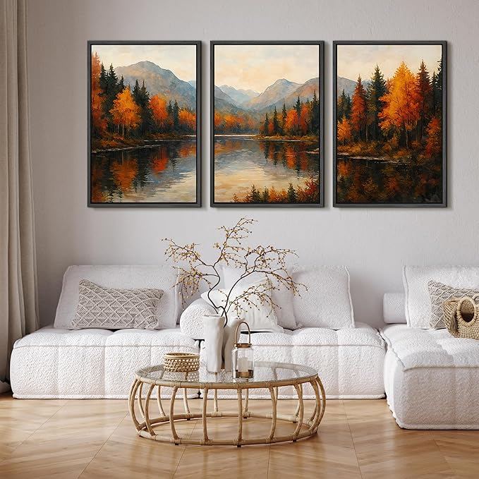 SIGNFORD Framed Wall Art Print Set Autumn Mountain Lake Vibrant Fall Forest Landscape Digital Art Modern Art Contemporary for Living Room, Bedroom, Office - 24"x36"x3 Black