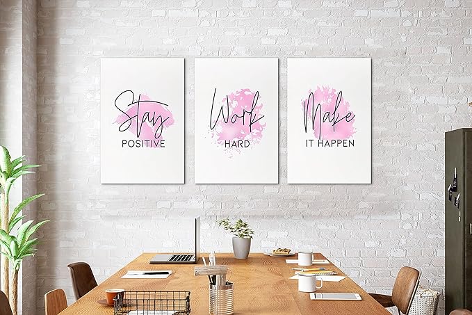 SHMAO Pink Office Canvas Wall Art Motivational Wall Decor, 3 Piece Stay Work Make Print Pictures for Office Wall Decor Women Inspirational Framed Artwork Home Office Decor 16”x24”x3 Panels