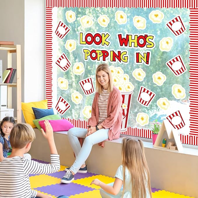 JarThenaAMCS 77 Pcs Popcorn Bulletin Board Decoration Funny Popcorn Bucket Paper Cutouts with 150 Pcs Glue Points for Back to School Movie Night Party Classroom