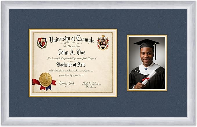 CountryArtHouse Fits 11 x 8.5 US Letter Certificate and 5 x 7 Photo Diploma and Photo Frame Stainless Silver Genuine Hardwood with Navy Blue Over Metallic Gold Double mat