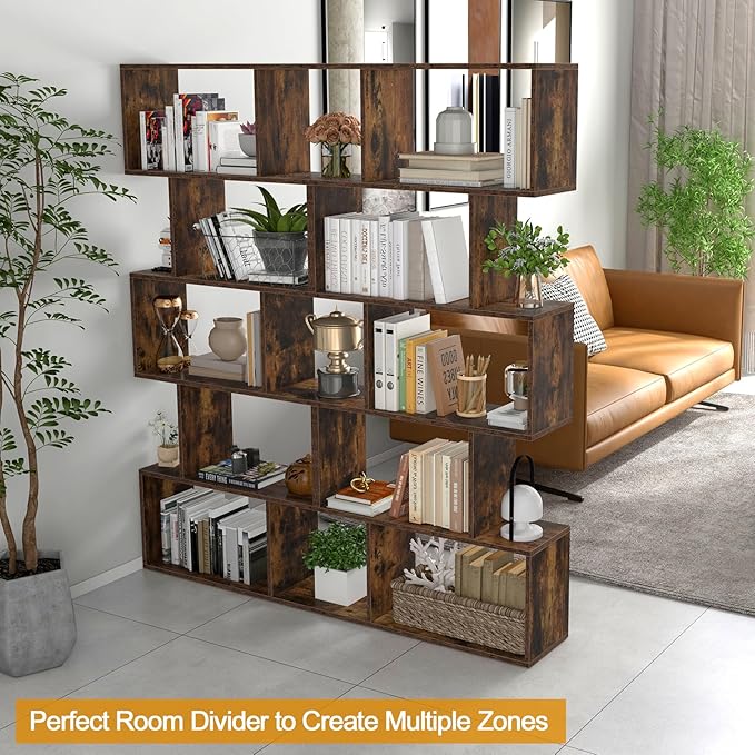 Tangkula 5-Tier Geometric Bookshelf, S Shaped Bookcase w/Anti-Toppling Device, Freestanding Room Divider, Industrial Wood Open Display Shelf for Living Room Home Office (1, Rustic Brown)