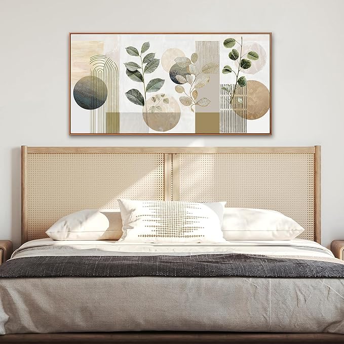 Boho Wall Art Minimalist Canvas Wall Art Decor Geometric Line Leaf Beige Green Wall Art Canvas Artwork Print Paintings Abstract Art Botanical Boho Room Office Home Wall Decor 20" X 40" With Framed