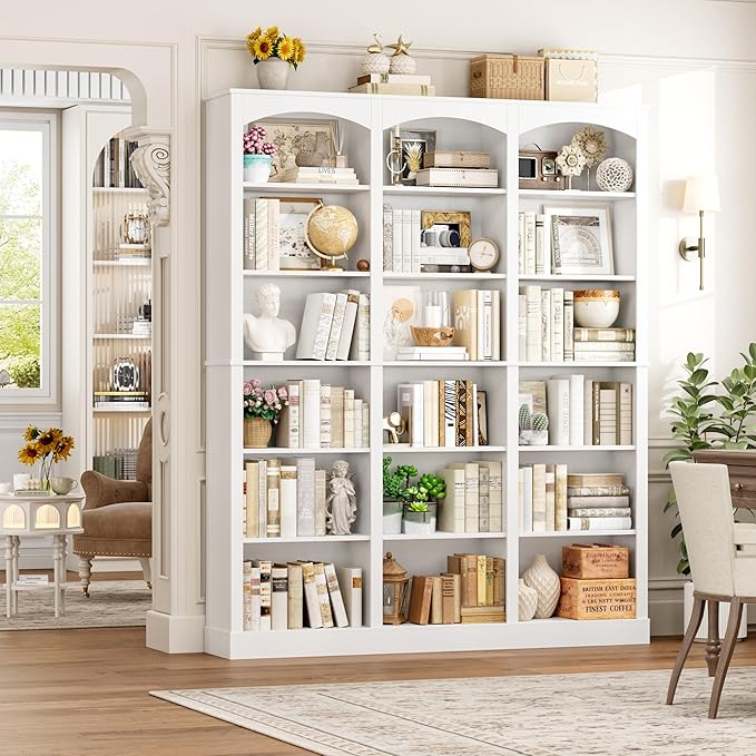 FACBOTALL 71" Triple Wide Bookshelf, 6 Tier Bookcase, Large White Bookshelf with Curved Baffle, 63.4" Wide White Bookcase with 18 Open Display Shelves for Living Room, Study, White