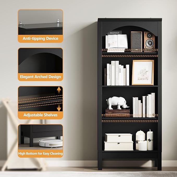 Arched Bookshelf with 4 Tier Open Shelves, 56" Tall Wood Bookcase with Adjustable Shelves, 24" Wide Floor Standing Display Storage Shelf for Home Office, Kitchen, Study and Living Room, Modern Black
