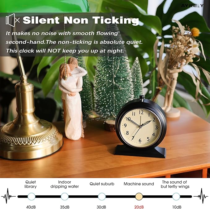 AYRELY® 4-inch Battery Operated Alarm Clock Silent Analog Desk Clocks with Light Vintage Metal Table Clock for Living Room Shelf Bedside Home Decor (Black)