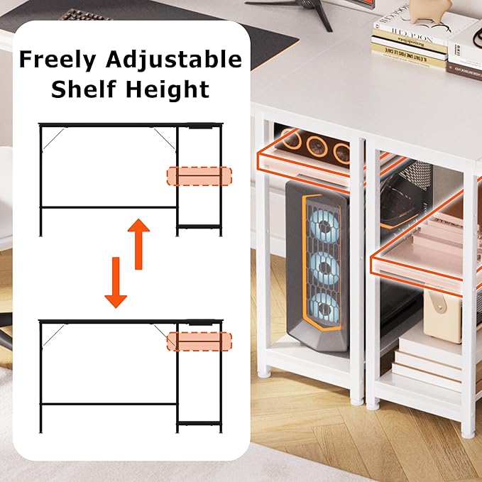 JOISCOPE Home Office Desk with Double Reversible Side Shelves and Headphone Hooks, Small Computer Desk for Working, Gaming, Studying, 40 inches, White