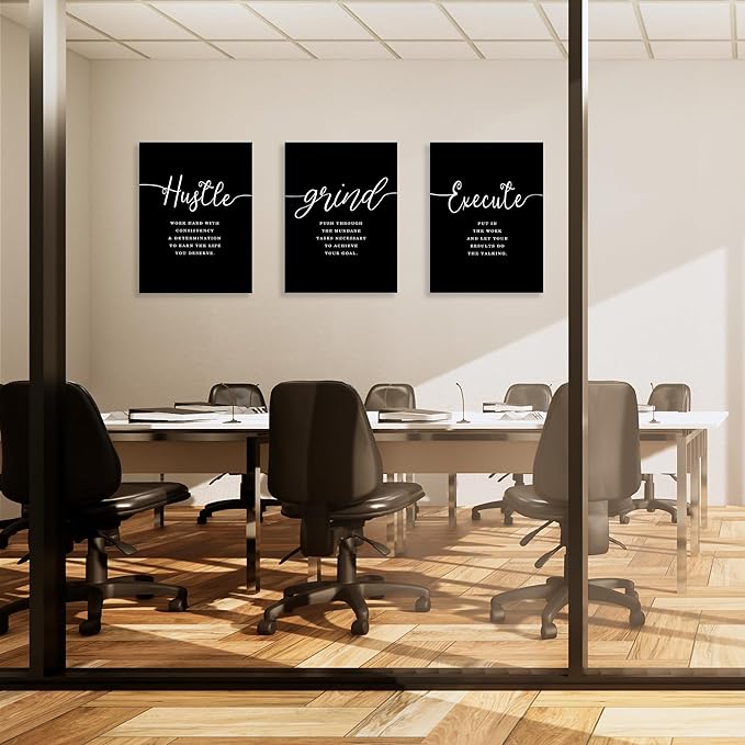 COSCTOR Set of 3 Motivational Posters Wall Art Canvas for Office Workplace Garage Gym Living Room Bedroom Grind Hustle Execute Black and White Wall Decor Inspirational Quotes Paintings(Framed,12x16)