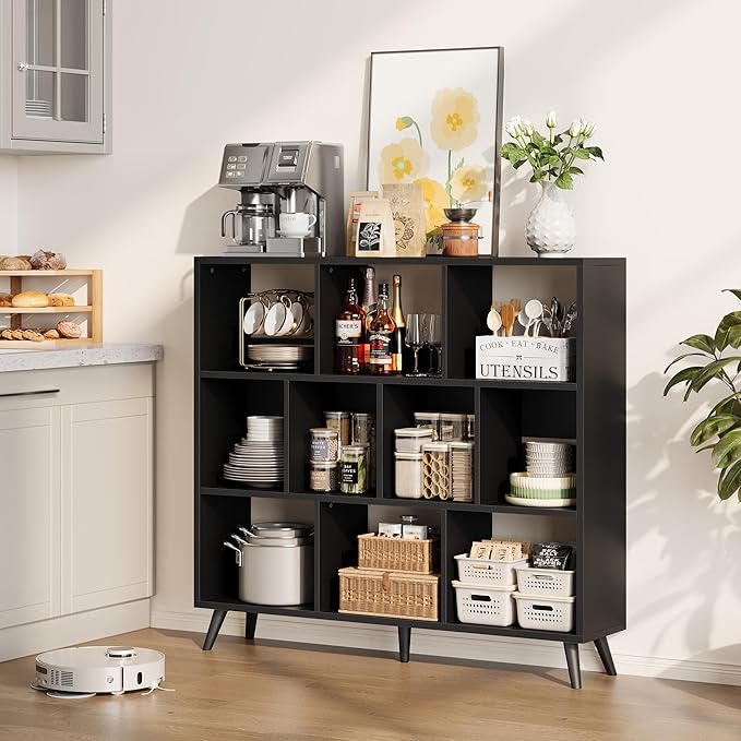 10 Cube Bookshelf, 3 Tier Wooden Book Shelf, Modern Black Short Bookcase with Solid Wood Legs, Small Book Cases Vintage Wide Storage Organizer with Open Shelf for Kids, Small Spaces, Bedroom, Office