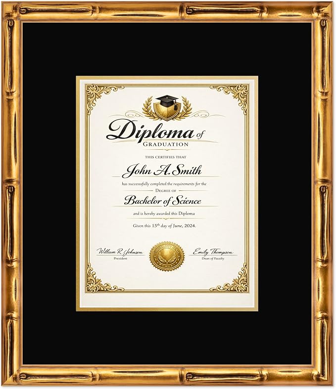 CountryArtHouse Diploma Frame Fits 8.5 x 11 Certificate (Portrait) - Keepsake Graduation Display Gold Bamboo Genuine Hardwood with Black Over Metallic Gold Double mat