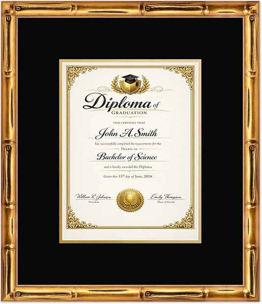 CountryArtHouse Diploma Frame Fits 8.5 x 11 Certificate (Portrait) - Keepsake Graduation Display Gold Bamboo Genuine Hardwood with Black Over Metallic Gold Double mat
