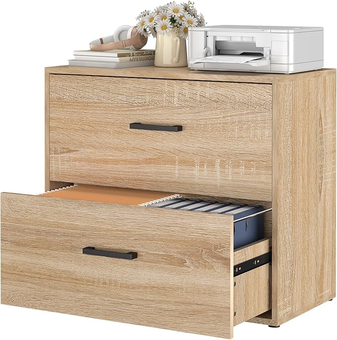 2 Drawer File Cabinet, Wood Lateral Filing Cabinet, Office File Cabinets for Letter/Legal Size, Printer Stand with Storage Drawer for Home Office, Oak