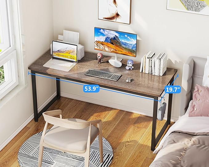 Casaottima 54 Inch Computer Desk for Home Office, Study Writing Table for Small Spaces, Simple Modern Desk with Headphone Hooks, Grey Oak
