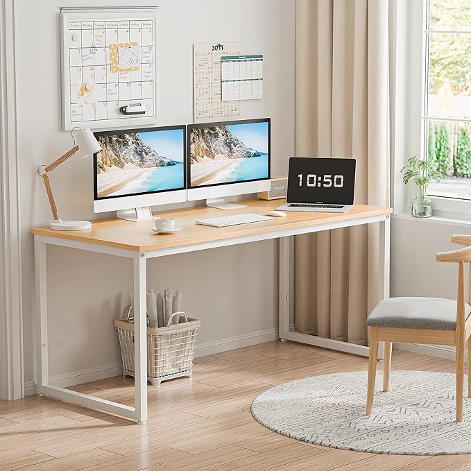 SUPER DEAL Computer Desk 55 Inch Modern Sturdy Office Desk PC Laptop Notebook Simple Writing Table for Home Office Workstation, Natural Oak
