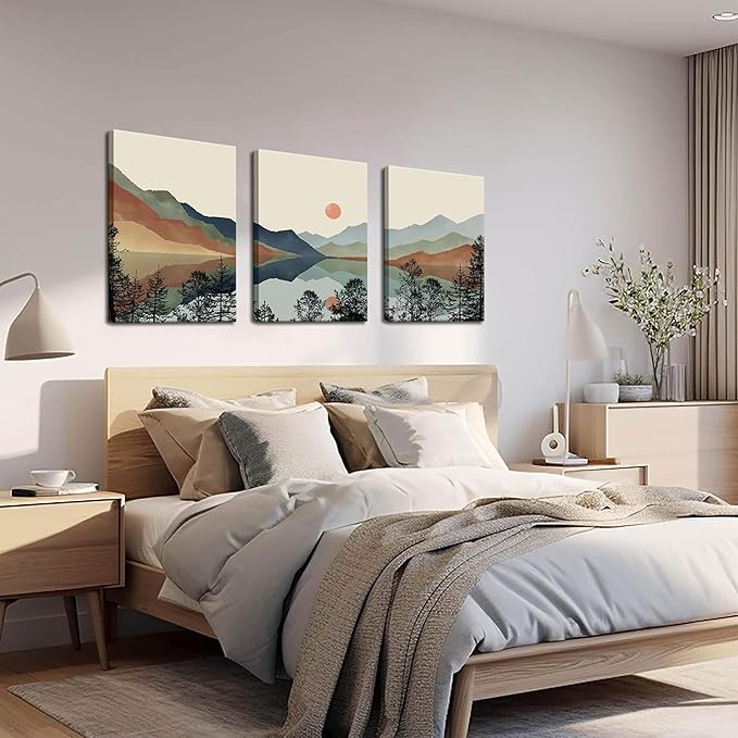 AKWISH Framed Mountain Canvas Wall Art Set of 3, Boho Watercolor Poster Prints Painting, Sun Forest Abstract Nature Landscape Artwork Wall Decor for Living Room, Bedroom, Office 12x16 In