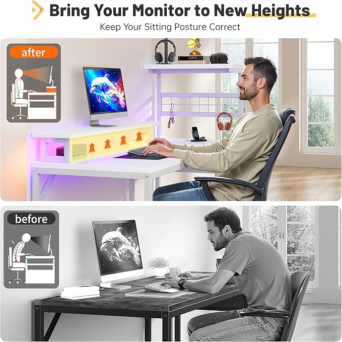 EnHomee 40" Computer Desk with Drawer & Storage Shelves, Home Office Desk with Monitor Stand, Gaming Desk with LED Lights & Power Outlets for Living Room, Study Room, Gaming Room, White