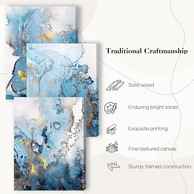 SERIMINO Blue Abstract Canvas Wall Art for Living Room, Navy and Gold Fluid Marble Wall Decor for Bedroom, Bathroom, Office, Home Decor, Set of 3 Print Painting, 20"X28"
