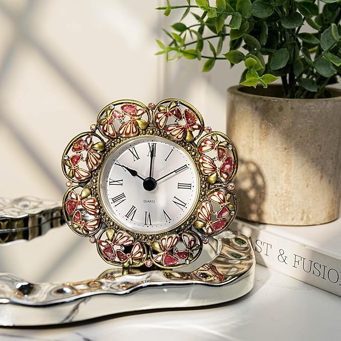 Mini Tabletop Clock, Decorative Vintage Floral Metal Table Clock with Battery Operated for Bedside, Table, Living Room, Home and Office