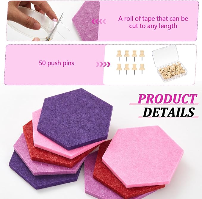 16 Pcs Hexagon Cork Board for Walls with 50 Wooden Push Pins 6.7 x 5.9 in Felt DIY Tiles Notice with Nano Tape Hanging Bulletin Board for Home Photo Office Memo Note (Gradual Purple)