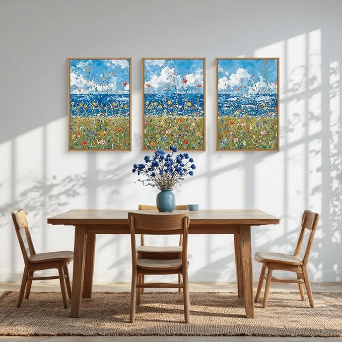 Large Blue Seaside Wildflower Framed Canvas Wall Art,Modern Nature Ocean Wall Decor,Rustic Sky Printing,White Cloud Landscape Artwork for Living Room,Bedroom,Dining Room-24"x36"x3