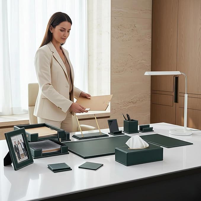 Leather Desk Set, 15-Piece Leather Desk Organizer, Executive Desk Organizer with Desk Pad & Blotter, 2-Tier Tray, Pen Holder, Office Accessories, Executive Desk Accessories(Green)
