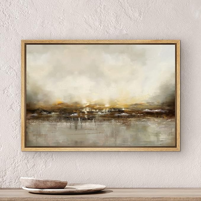 SIGNWIN Framed Canvas Wall Art Dramatic Golden Landscape by The Sea on a Cloudy Day Coastal Ocean Oil Painting Abstract Modern Closeup Relax/Calm for Living Room, Bedroom, Office - 24"x36" Natural