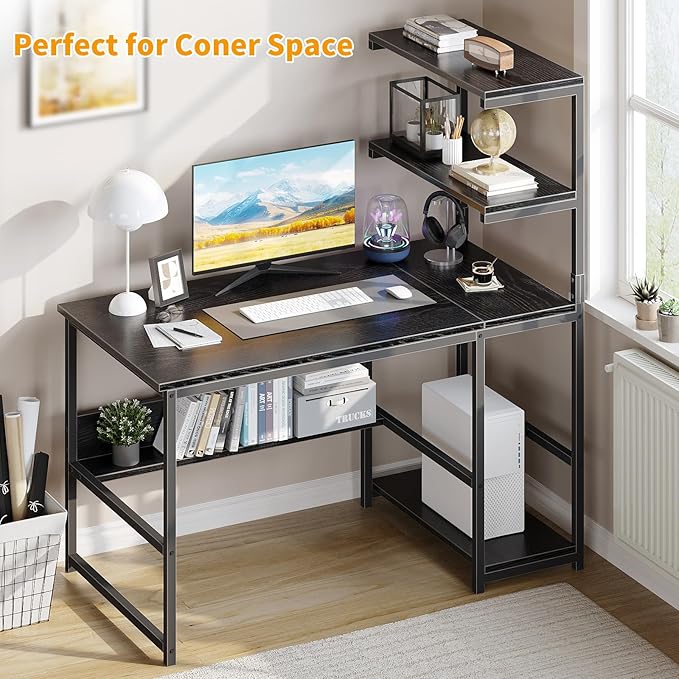 ALISENED 47 Inch Computer Desk with 4-Tier Storage Shelves, Modern Large Office Desk Computer Table Studying Writing Desk Workstation with Bookshelf and Tower Shelf for Home Office