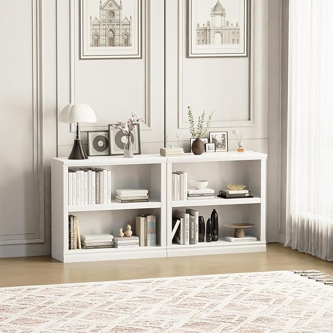 blini White Bookshelf and Bookcase Set of 2, Double Wide Large Bookshelves 2 Tier Wooden Bookshelf with Storage Cabinets for Living Room, Home Office, Library (White, 2 - Shelf)