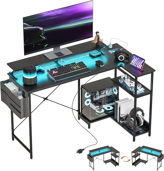 HOMCOM 58" L Shaped Gaming Desk with Power Outlets and LED Lights, Reversible Computer Desk with Monitor Stand, Fabric Storage Bag, Cable Management, for Home Office, Black