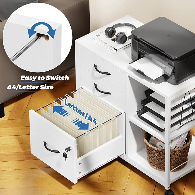 Lulive File Cabinet for Home Office, Filing Cabinet with Lock and USB Charging Port, 3 Drawer File Cabinet, Rolling File Cabinet with Storage for A4, Letter Size, White, HI1355