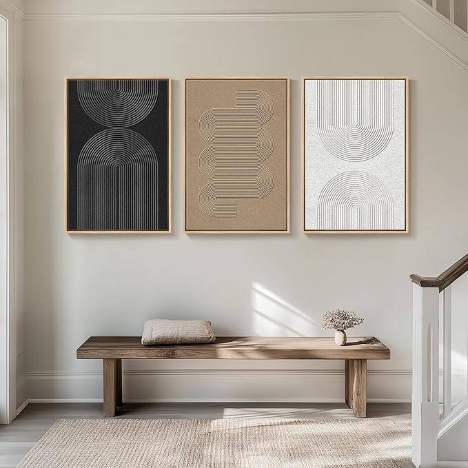 Large Framed Black and White Neutral Abstract Wall Art for Living Room, 3 Piece Boho Canvas Prints Paintings Artwork for Walls, Minimalist Geometric Pictures for Hallway Office Wall Decor 24x36 In
